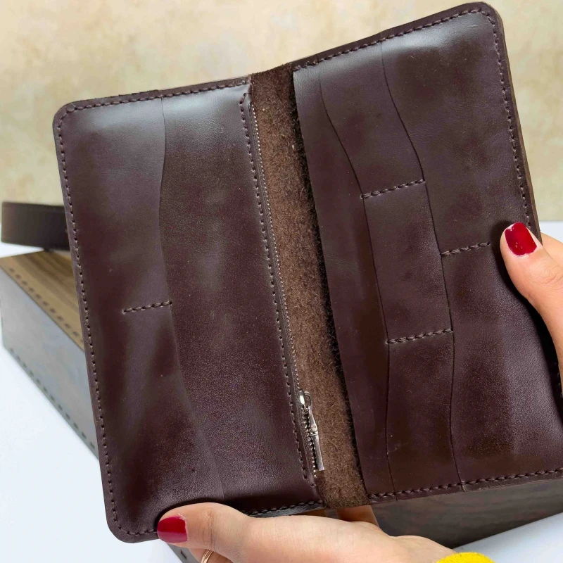 کیف پول کتی چرم طبیعی قهوه ای ناپا