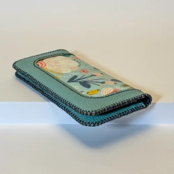 کیف پول زنانه چرم مصنوعی گلدار آبی