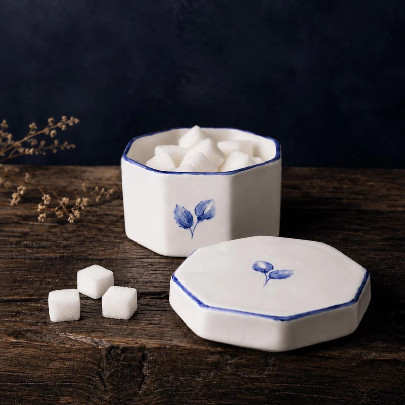 شکلات خوری هشت ضلعی سرامیکی  طرح غنچه با رنگ ابی لاجوردی